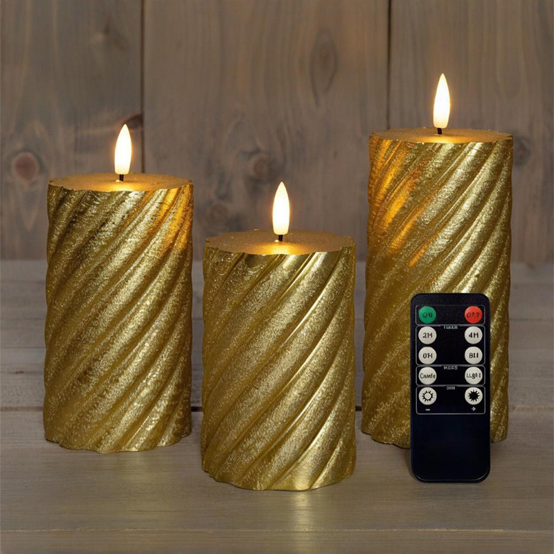 Set de 3 lumânări LED cu pilon în spirală aurie